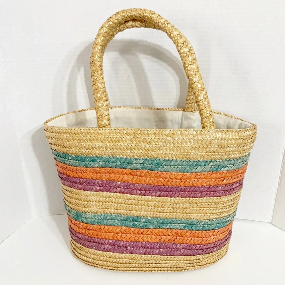 Unbranded Multi Colored Woven Striped Straw Bag Top Hand Fully Lined Oval Shaped